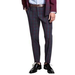 Tommy Hilfiger Tate Men's Modern Fit Plaid Wine Green Dress Pants 31Wx32L - NWT